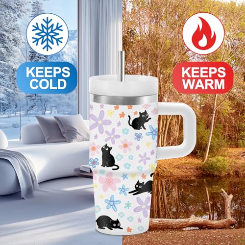 Kids Cat Tumbler with Handle and Straw - 14 oz Insulated Stainless Steel Travel Mug - Cat Lover Gift