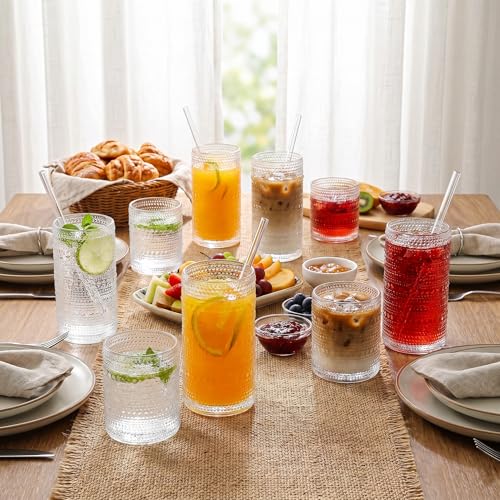 Vintage Hobnail Drinking Glasses Set, 8-Piece Embossed Clear Glass Tumblers