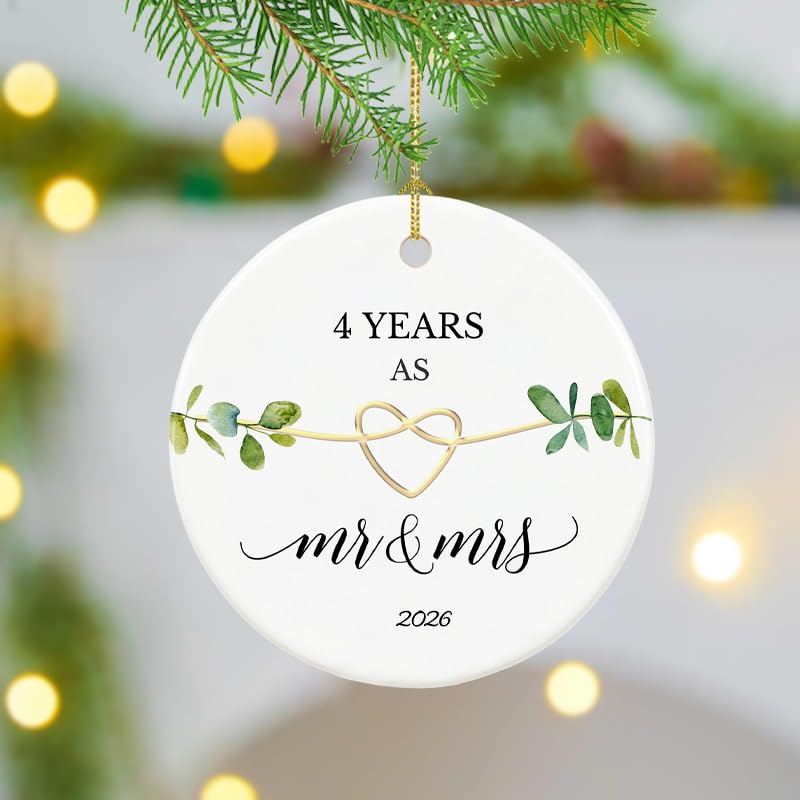 4th Anniversary Ornament - 2.9" White Ceramic Hanging Ornament for 4 Year Anniversary