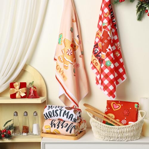Patelai 6 Pcs Christmas Kitchen Towels Gingerbread Man Red Plaid