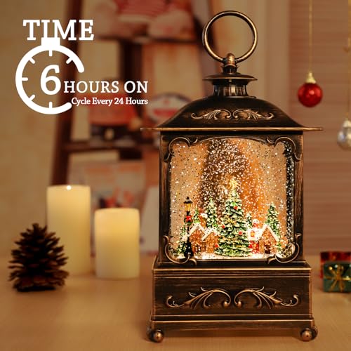 KAMPGO Forest House Christmas Snow Globe Lantern with Music & Timer - Indoor Holiday Decor