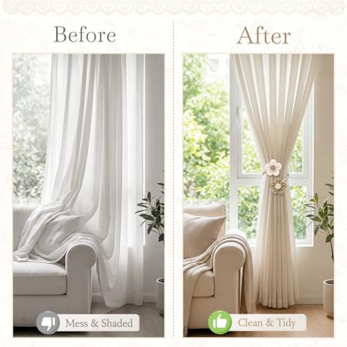 Boho Flower Curtain Tiebacks, Adjustable Linen Cotton Holdbacks - 2 Pack