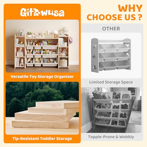 Solid Wood Kids Toy Storage Organizer with Bookshelf, 9 Bins & 6 Hooks