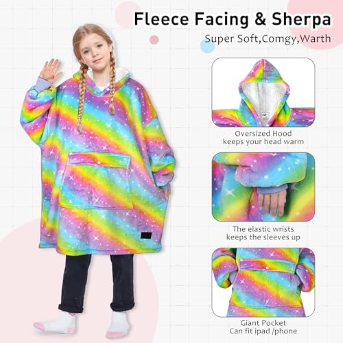 Solaris Rainbow Kids Wearable Blanket Hoodie Oversized Sherpa Fleece for Children