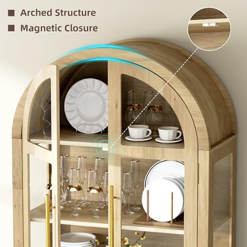 71-Inch Arched Curio Cabinet with LED Lights, 4-Tier Display & 2 Drawers