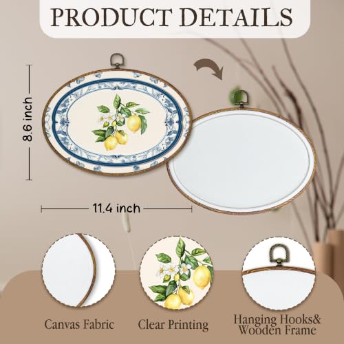Chinoiserie Lemon Oval Wall Art, Framed Blue and White Floral Canvas Decor
