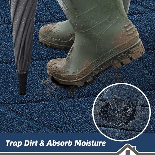 Non-Slip Dirt Trapper Door Mat 20" x 32" - Washable Entryway Rug, Navy Blue