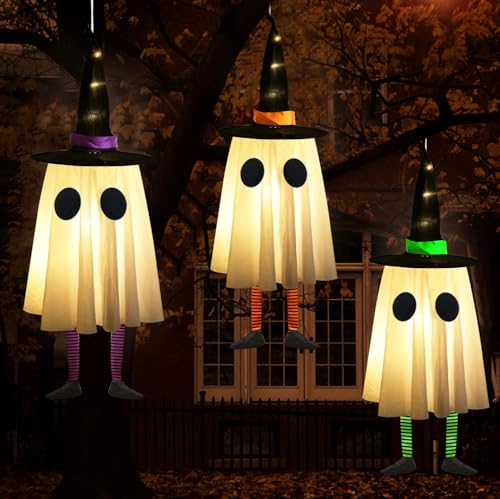 Light-Up Hanging Halloween Ghost Decor with Witch Hats - Set of 3