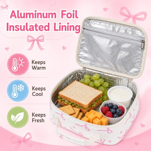 Cute Bow Insulated Lunch Bag for Girls & Women, Pink Thermal Tote Bag