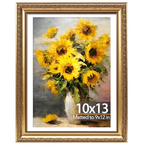10x13 Vintage Gold Picture Frame with 9x12 Mat for Wall Hanging