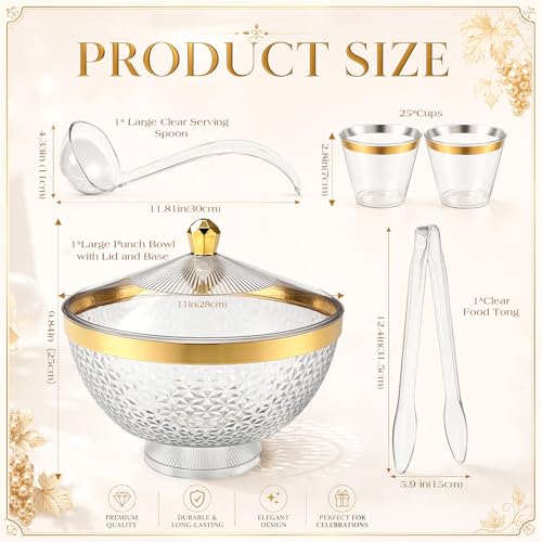 1.4 Gallon Plastic Punch Bowl Set with 25 Cups, Ladle, and Tongs - Gold Trim