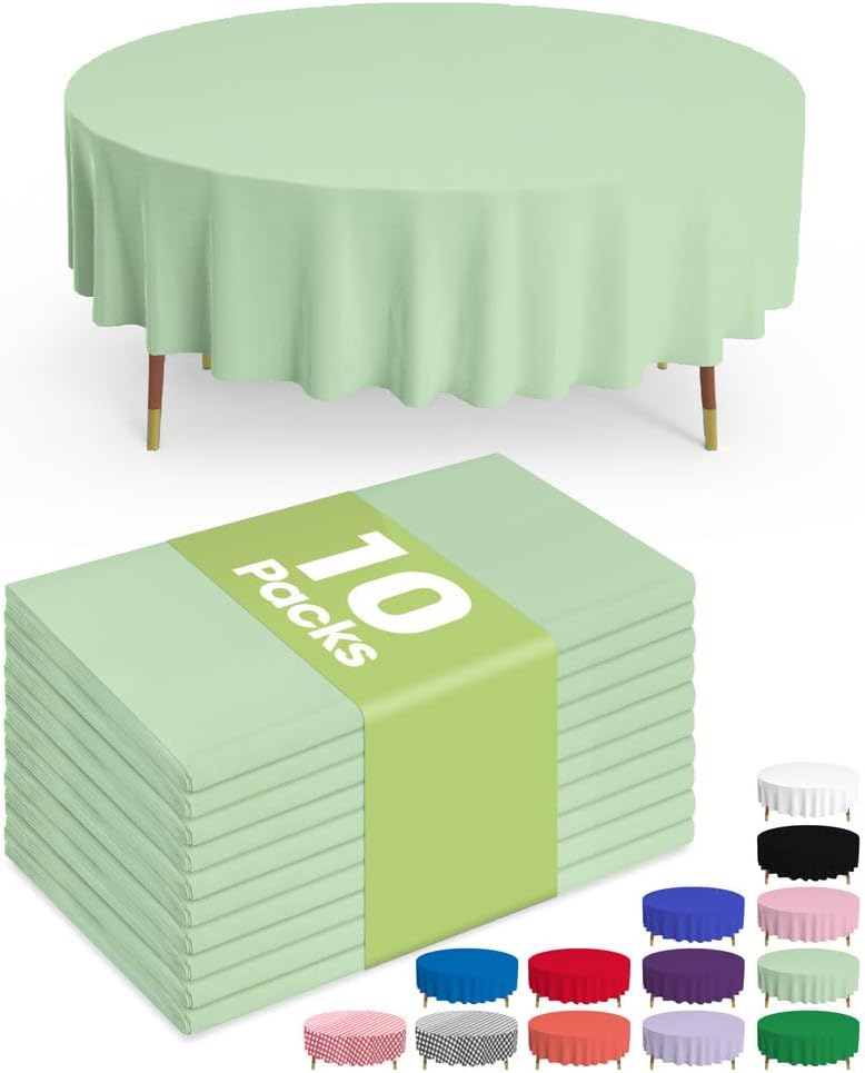 Pureegg Disposable Plastic Table Cloths - 84'' Round, Leakproof & Sturdy, Sage Green | 10 Pack for Easter Parties