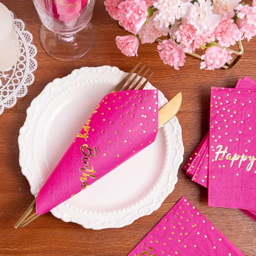 Wrapaholic 25-Pack Hot Pink Gold Foil Happy Birthday Cocktail Napkins 5x5 Inches