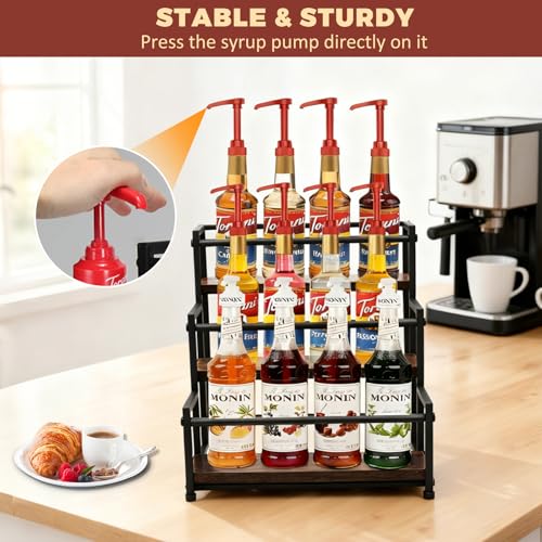 3-Tier Coffee Syrup Rack Organizer - Rustic Countertop Bottle Display Shelf
