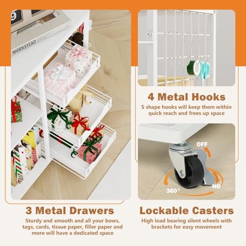 Rolling Gift Wrap Organizer Cart with 20 Roll Holders and 3 Drawers