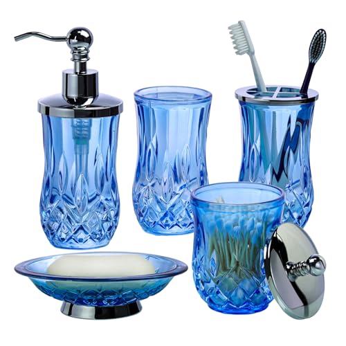 5-Piece Blue Glass Bathroom Accessory Set with Silver Pump and Holders