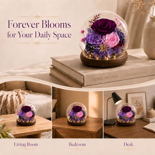 Preserved Eternal Rose in Glass Dome - Real Purple Flower with Wood Base