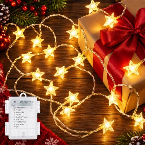 Battery Operated 20ft Christmas Star String Lights with 60 Warm White LEDs
