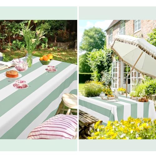2 Pack Green and White Striped Tablecloths 60x84 Inches for Dining & Events