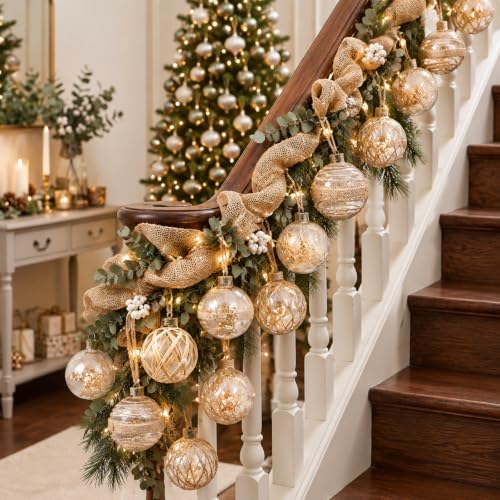 Hollowfly 28 Pcs Burlap Christmas Ornaments - Cute Style Farmhouse Rustic Ball Decor