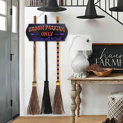 Halloween Broom Parking Sign with 3 Wooden Witch Brooms - Porch Wall Decor