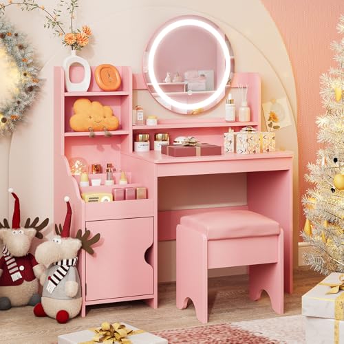 Kids Vanity Table and Chair Set with Lights, Storage Shelves and Mirror