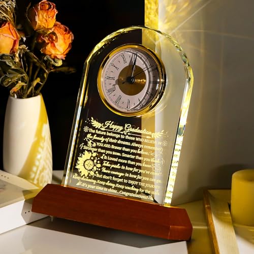 Graduation Keepsake Crystal Clock with LED Wooden Base, 9-Inch