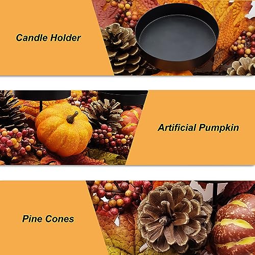 Fall Table Centerpiece with Artificial Pumpkins, Berries & Candles, 27.5" Harvest Decor for Dining & Fireplace Mantel