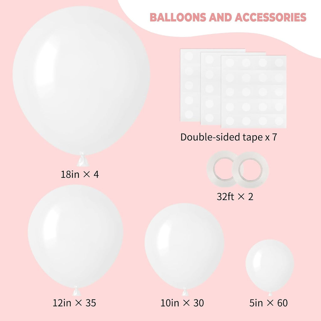 RUBFAC White Balloons - 129-Piece Set in Various Sizes | Perfect for Weddings, Parties & Baby Showers