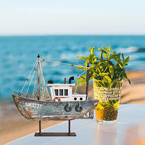 Rustic Wood Sailboat Decor with LED Lights, Nautical Tabletop Ornament