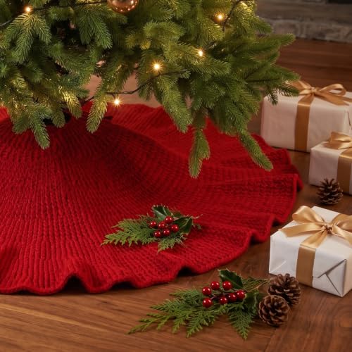 36 Inch Wine Red Knit Christmas Tree Skirt - Rustic Holiday Decor