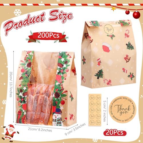 200 Pcs Christmas Kraft Paper Bread Bags with Window & Stickers, 13.7x8.2x3.5in Large Sourdough Bags (SilTriangle, 200 qty, Christmas)