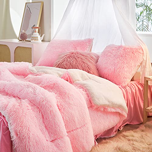 Reversible Plush Shaggy Comforter Set - Twin Size, Pink, 3 Pieces