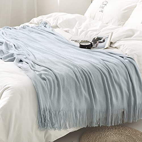 Pale Blue Knitted Throw Blanket with Fringe, 50x60 Inch Soft Acrylic