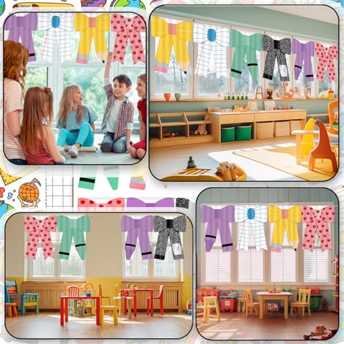6-Piece School Classroom Window Curtains, Pencil & Apple Print, 36 x 24 In
