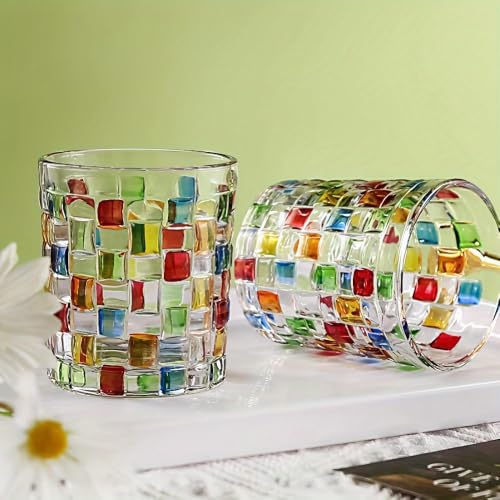 Hand-Painted Colorful Glass Tumblers, Set of 6 Textured Drinking Glasses