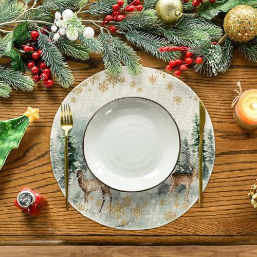 Artoid Mode 14" Round Placemats Set of 6 – Watercolor Deer, Trees & Snowflakes, Green