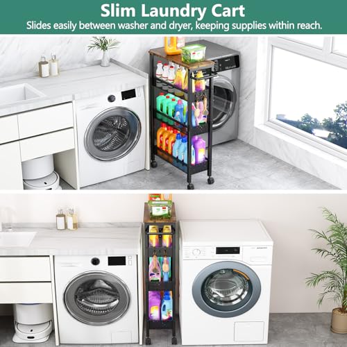 4-Tier Slim Utility Rolling Cart with Wheels & Wood Top - 7.1" Narrow Organizer