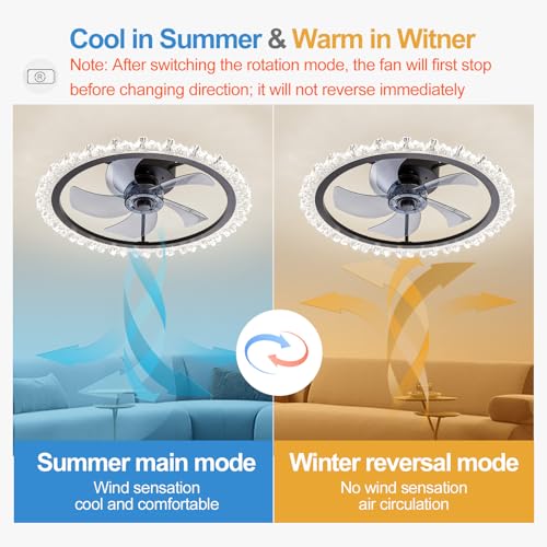 FTZVRD Ceiling Fans with Lights, 20 Inch Ceiling Fan with Light and Remote, Low Profile Reversible Black Fandelier Ceiling Fan, Dimmable LED, Flush Mount, DC Motor, for Bedroom, Kitchen, Office