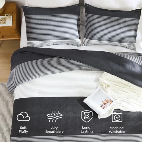 Black Striped Full Comforter Set - 3-Piece Soft Down Alternative Bedding