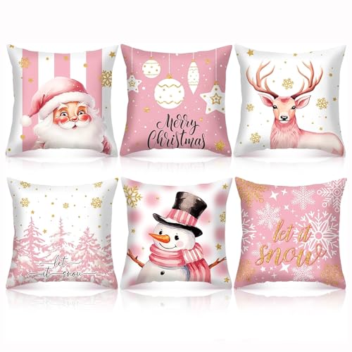 Pink Christmas Decorations Pillow Covers 18x18 Set of 6 Pink Santa Snowman Snowflake Merry Christmas Tree Let It Snow Reindeer Holiday Pillow Decorative Throw Cushion Case for Sofa