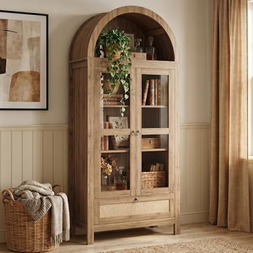 71-Inch Arched Pantry Cabinet with Glass Door and Storage Drawer