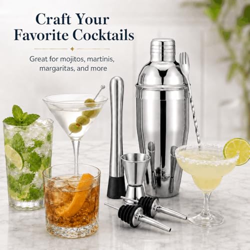 Semderm 6-Piece Stainless Steel Cocktail Shaker Set with Muddler, Jigger & Pourers
