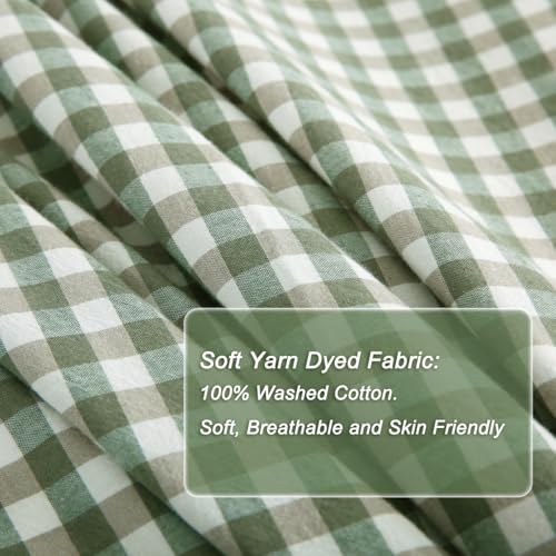 Sage Green Plaid Ruffle Duvet Cover Set - 100% Cotton, Full Size
