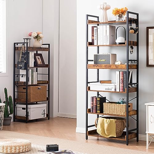 6-Tier Adjustable Industrial Bookcase with Storage Hooks, Rustic Wood
