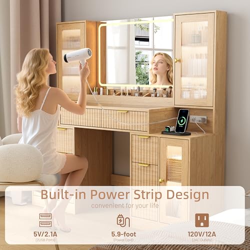 55" Large Makeup Vanity Desk with Lighted Mirror, Charging Station & Storage
