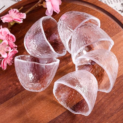 LMRLCS Set of 4 Glass Sake Cups 1.7oz Textured Japanese Style Drinking Glasses