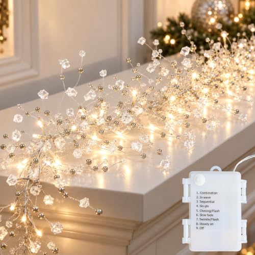 APUDWN 9 Ft 120 LED Crystal Light Garland for Christmas Mantel - Battery Powered