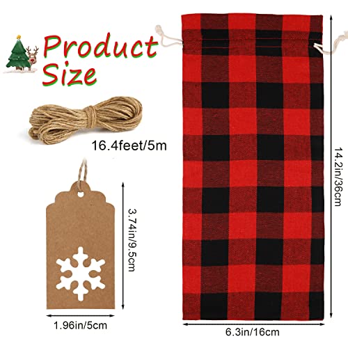 SULOLI 12-Piece Christmas Burlap Wine Bags with Drawstring, 24 Gift Tags & 16.4 ft Rope—Buffalo Plaid