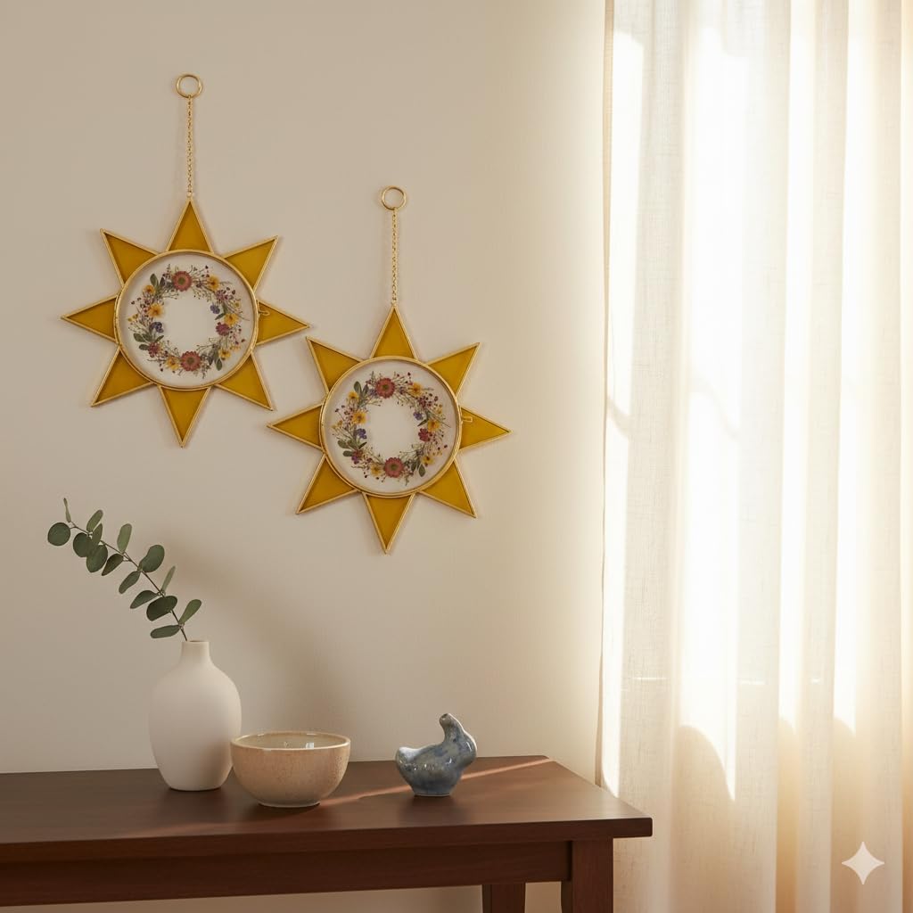 Sunburst Pressed Flower Frames - Decorative Double Glass Wall Art | Horizontal Display for Dried Flowers & Plants, Gold